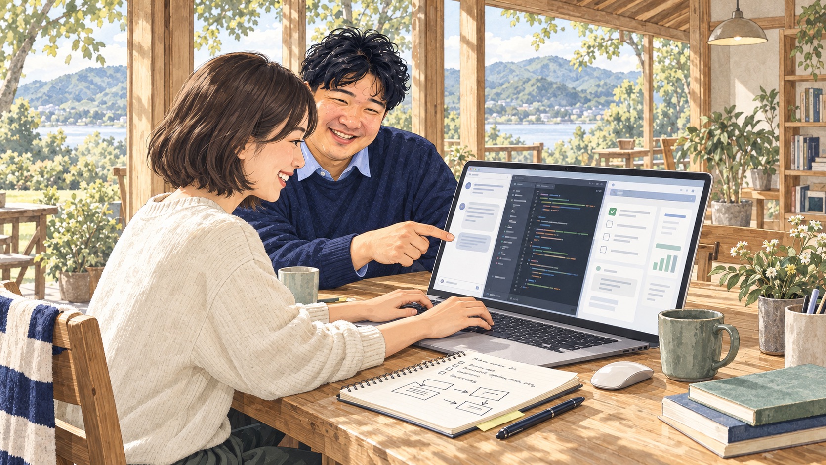AIとの対話、コード、アプリ画面を一緒に確認する指導のイラスト
