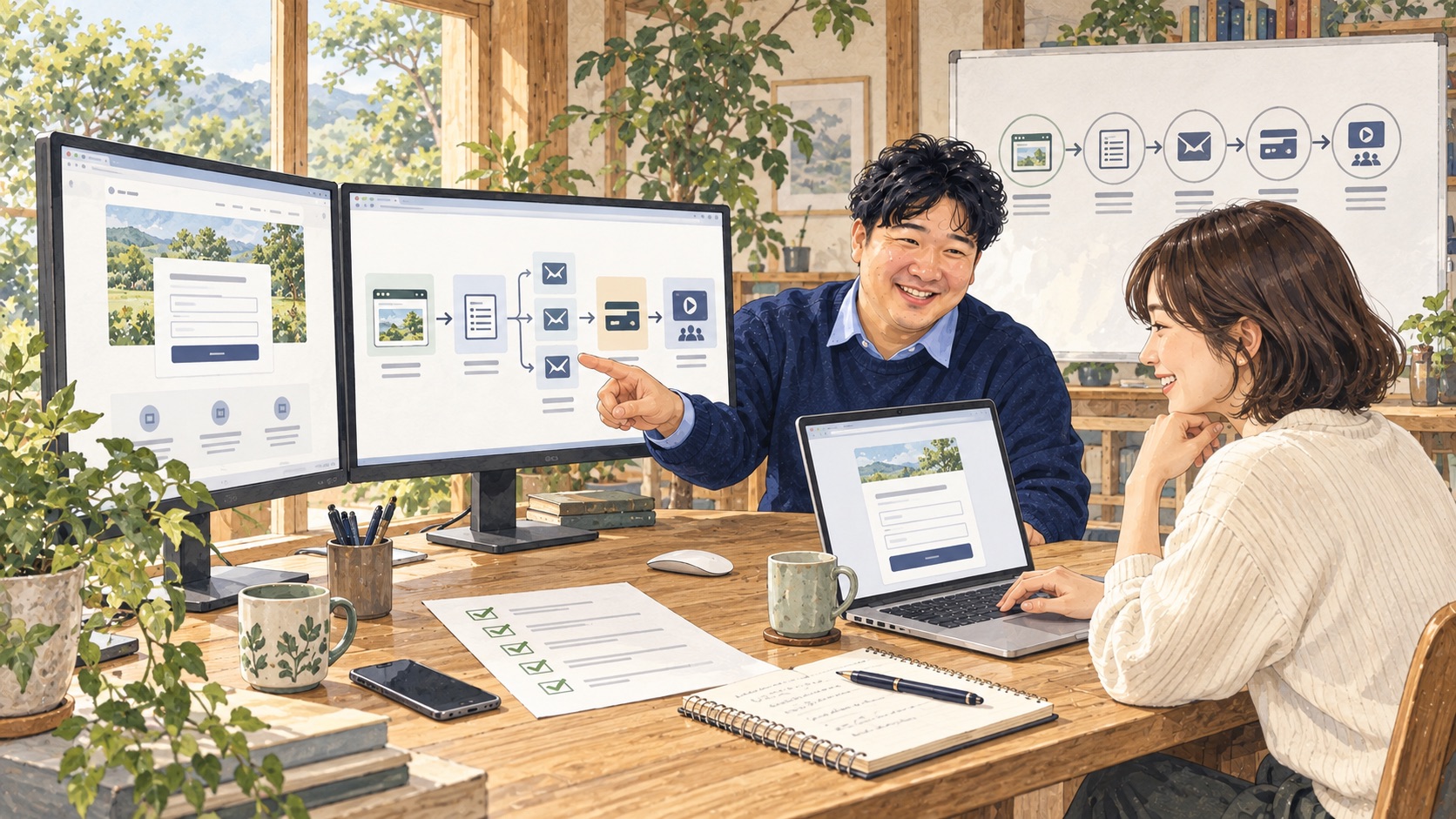 登録から受講までの導線をボードとパソコンで設計するイラスト