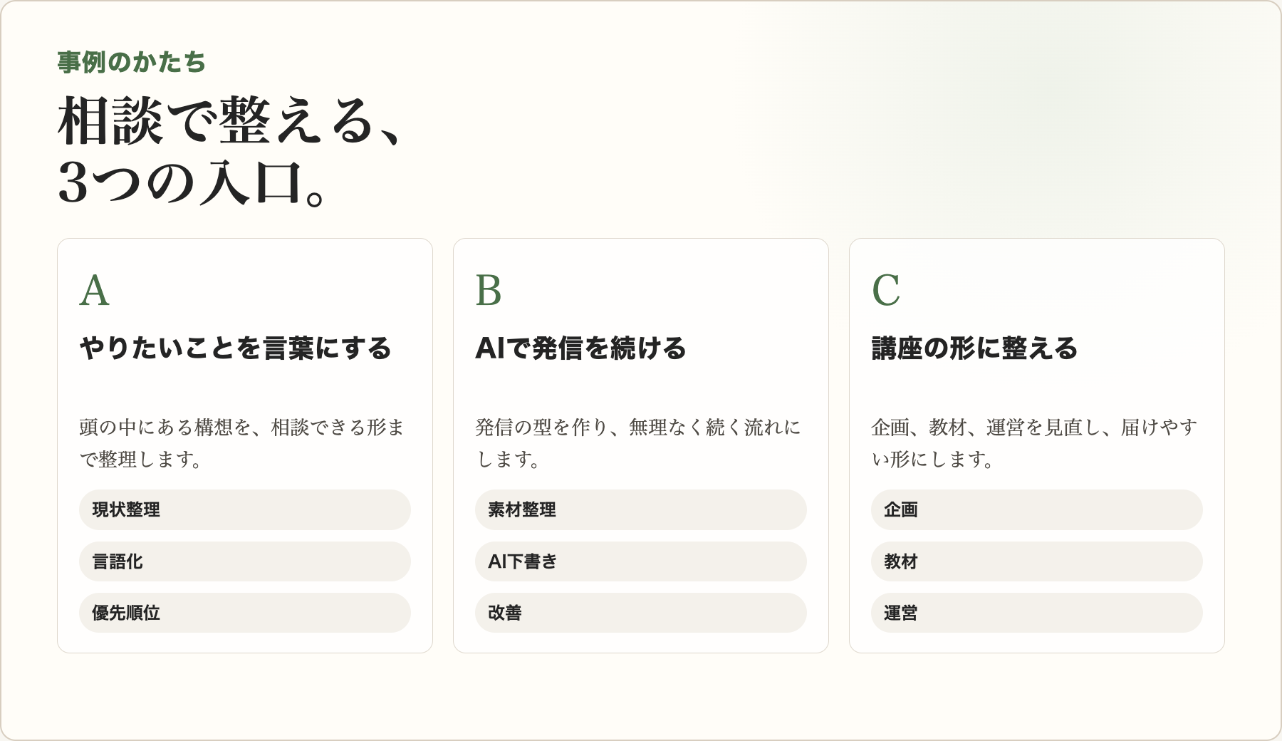 事例のかたち。やりたいことを言葉にする、AIで発信を続ける、講座の形に整える。